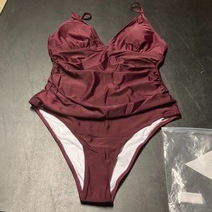 Phurro Women's Burgundy/White Interior One Piece Swimsuit M NWT